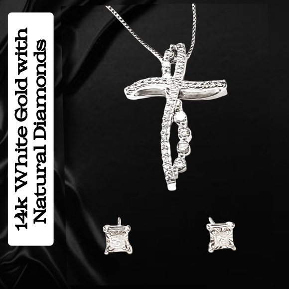 14K White Gold Convertible Cross Pendant with Natural Diamonds & Stud Earring